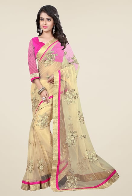 Triveni Beige Embroidered Net Saree Triveni Beige Embroidered Net Saree