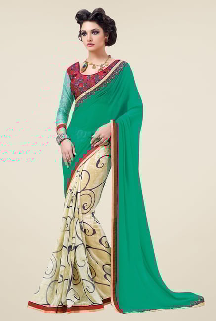 Triveni Beige & Green Printed Faux Georgette Saree Triveni Beige & Green Printed Faux Georgette Saree