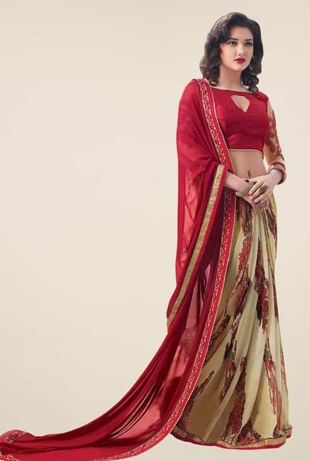 Triveni Beige & Red Printed Faux Georgette Saree Triveni Beige & Red Printed Faux Georgette Saree