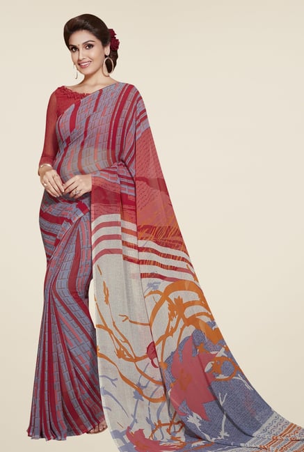 Triveni Blue & Red Printed Faux Georgette Saree Triveni Blue & Red Printed Faux Georgette Saree
