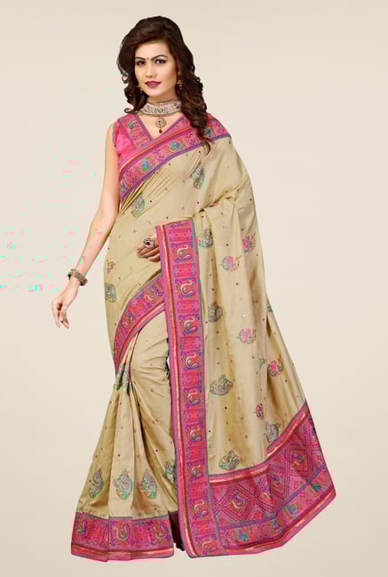 Triveni Beige Embroidered Manipuri Silk Saree Triveni Beige Embroidered Manipuri Silk Saree