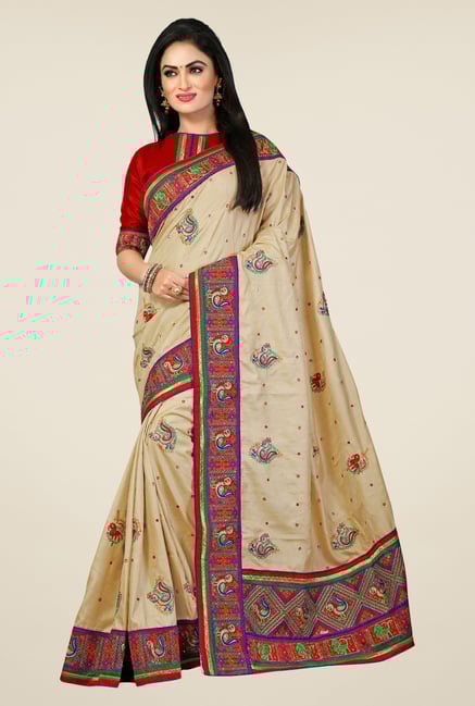 Triveni Beige Embroidered Manipuri Silk Saree Triveni Beige Embroidered Manipuri Silk Saree