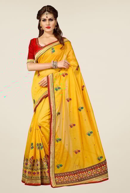 Triveni Mustard Embroidered Chanderi Silk Saree Triveni Mustard Embroidered Chanderi Silk Saree