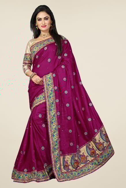 Triveni Magenta Embroidered Bhagalpuri Silk Saree Triveni Magenta Embroidered Bhagalpuri Silk Saree