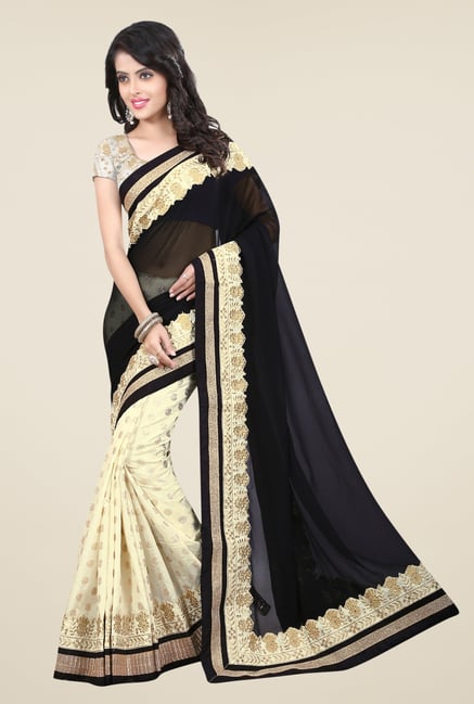 Triveni Cream & Black Embroidered Faux Georgette Saree Triveni Cream & Black Embroidered Faux Georgette Saree