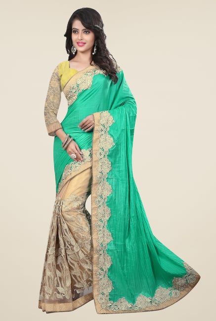 Triveni Beige & Green Embroidered Art Silk Net Saree Triveni Beige & Green Embroidered Art Silk Net Saree