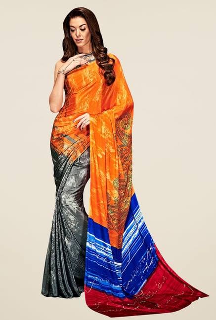 Triveni Grey & Orange Printed Silk Saree Triveni Grey & Orange Printed Silk Saree