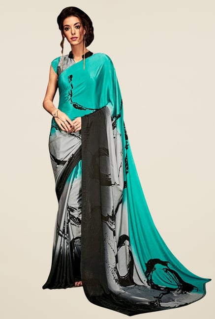 Triveni Grey & Teal Printed Silk Saree Triveni Grey & Teal Printed Silk Saree