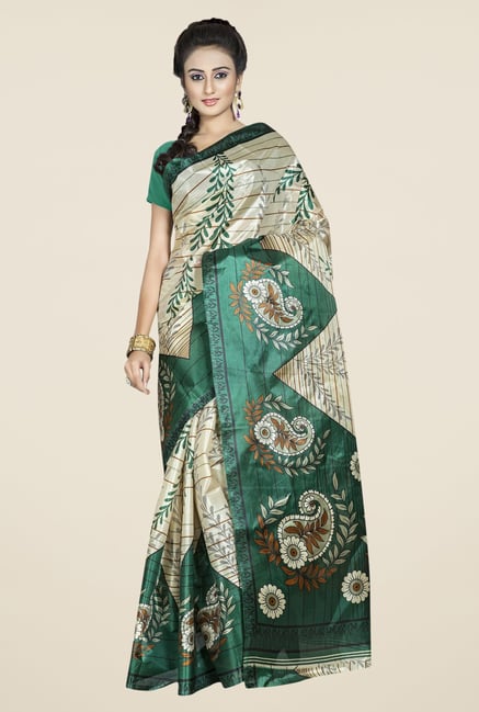 Triveni Beige & Green Printed Art Silk Saree Triveni Beige & Green Printed Art Silk Saree