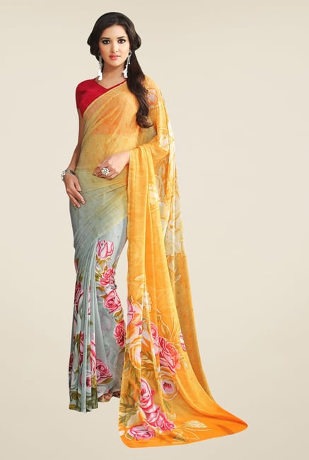 Triveni Grey & Yellow Printed Faux Georgette Saree Triveni Grey & Yellow Printed Faux Georgette Saree