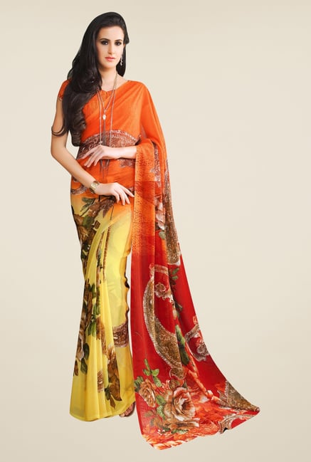 Triveni Yellow & Orange Printed Faux Georgette Saree Triveni Yellow & Orange Printed Faux Georgette Saree