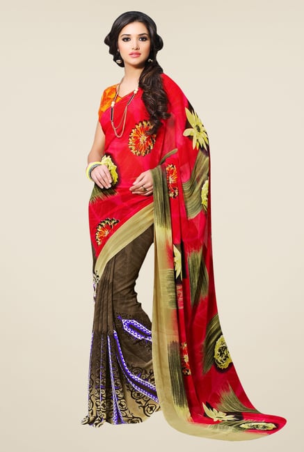 Triveni Brown & Red Printed Faux Georgette Saree Triveni Brown & Red Printed Faux Georgette Saree