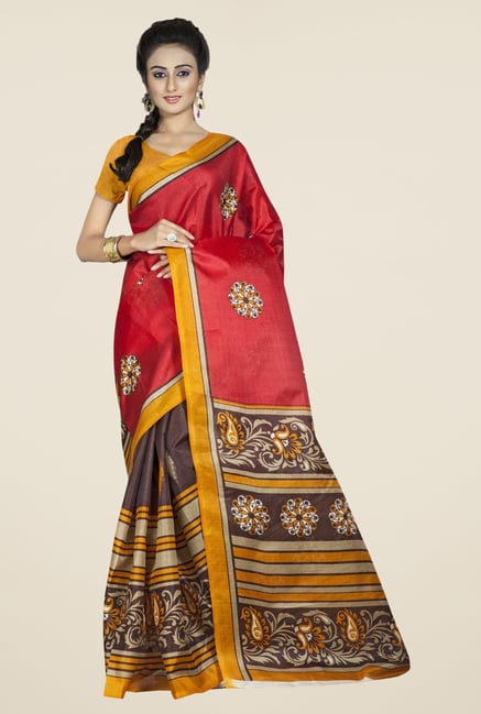 Triveni Brown & Red Printed Bhagalpuri Silk Saree Triveni Brown & Red Printed Bhagalpuri Silk Saree