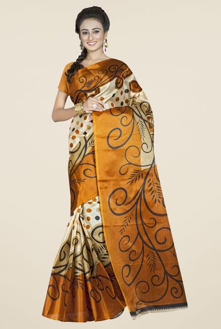 Triveni Beige & Mustard Printed Bhagalpuri Silk Saree Triveni Beige & Mustard Printed Bhagalpuri Silk Saree