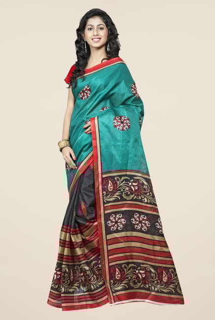 Triveni Grey & Teal Printed Bhagalpuri Silk Saree Triveni Grey & Teal Printed Bhagalpuri Silk Saree