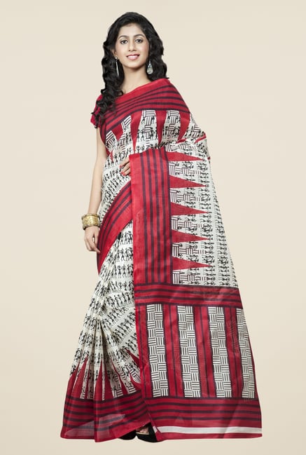 Triveni Off White & Red Printed Bhagalpuri Silk Saree Triveni Off White & Red Printed Bhagalpuri Silk Saree