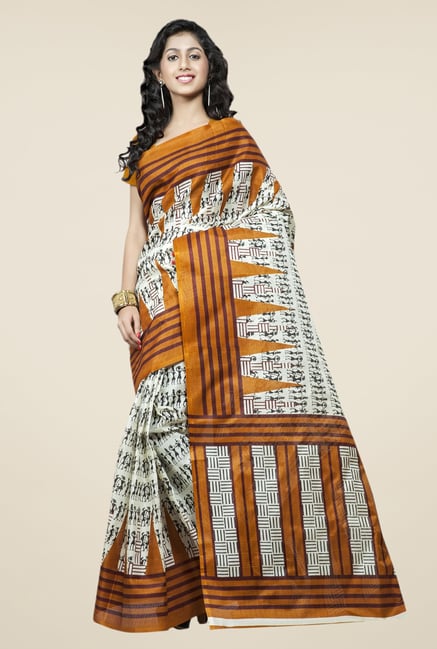 Triveni Off White & Mustard Printed Bhagalpuri Silk Saree Triveni Off White & Mustard Printed Bhagalpuri Silk Saree