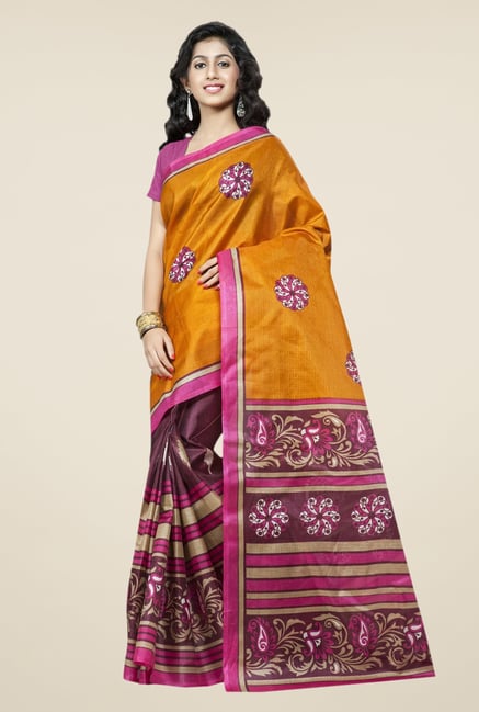 Triveni Wine & Mustard Printed Bhagalpuri Silk Saree Triveni Wine & Mustard Printed Bhagalpuri Silk Saree