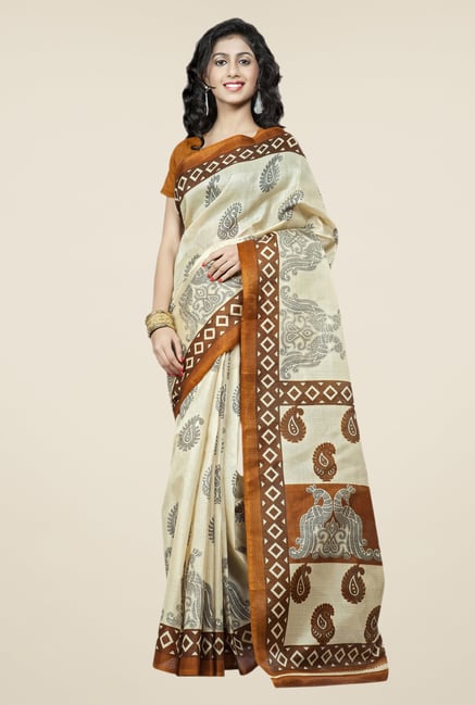 Triveni Cream Printed Bhagalpuri Silk Saree Triveni Cream Printed Bhagalpuri Silk Saree