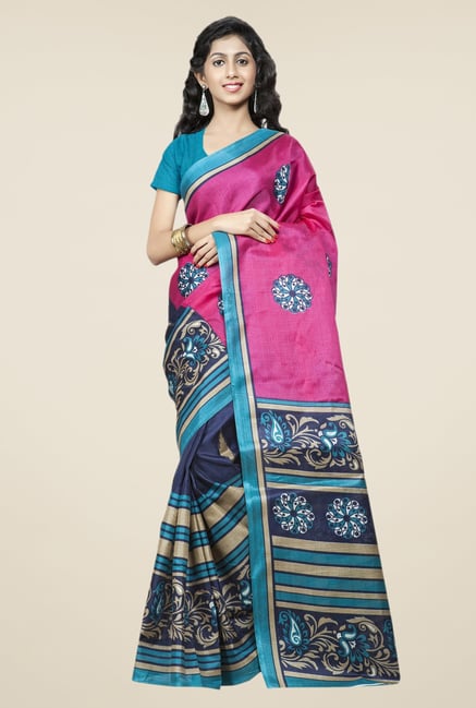 Triveni Navy & Pink Printed Bhagalpuri Silk Saree Triveni Navy & Pink Printed Bhagalpuri Silk Saree