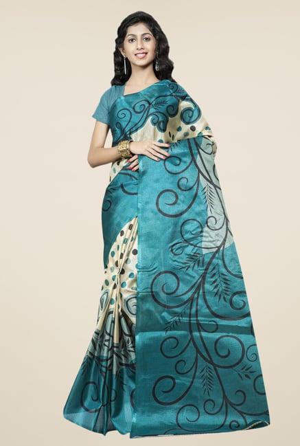 Triveni Beige & Teal Printed Bhagalpuri Silk Saree Triveni Beige & Teal Printed Bhagalpuri Silk Saree