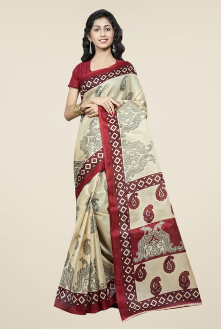 Triveni Cream & Maroon Printed Bhagalpuri Silk Saree Triveni Cream & Maroon Printed Bhagalpuri Silk Saree