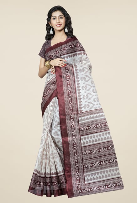 Triveni Off White & Brown Printed Bhagalpuri Silk Saree Triveni Off White & Brown Printed Bhagalpuri Silk Saree