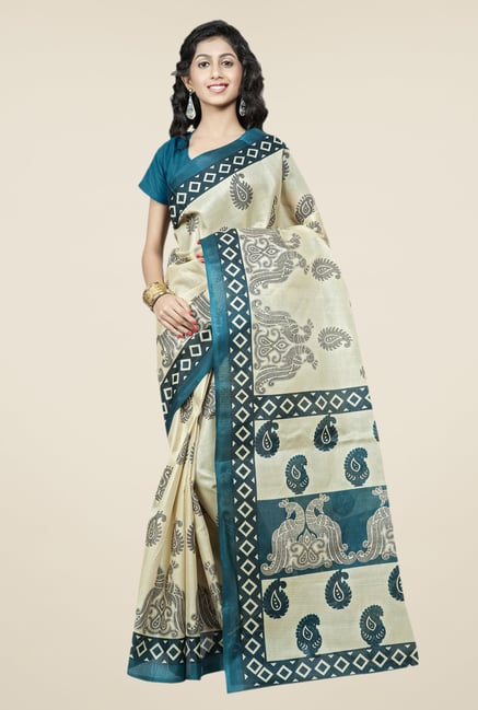 Triveni Cream & Teal Printed Bhagalpuri Silk Saree Triveni Cream & Teal Printed Bhagalpuri Silk Saree