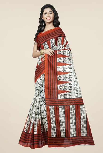 Triveni Off White & Brown Printed Bhagalpuri Silk Saree Triveni Off White & Brown Printed Bhagalpuri Silk Saree