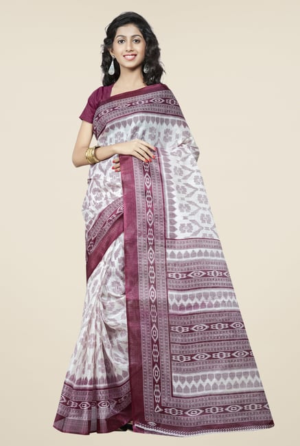 Triveni Off White & Wine Printed Bhagalpuri Silk Saree Triveni Off White & Wine Printed Bhagalpuri Silk Saree
