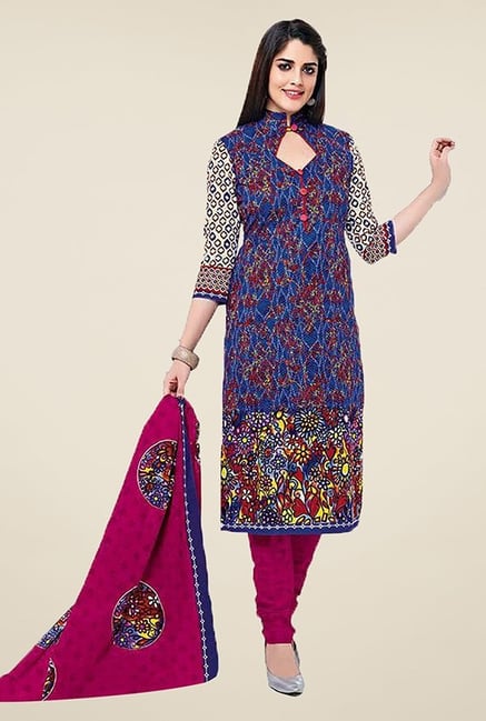 Ishin Blue & Pink Printed Cotton Dress Material Ishin Blue & Pink Printed Cotton Dress Material