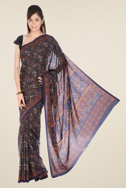 Jashn Navy Floral Print Crepe Saree Jashn Navy Floral Print Crepe Saree
