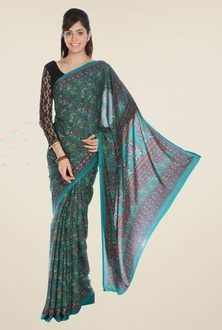 Jashn Teal Floral Print Crepe Saree Jashn Teal Floral Print Crepe Saree