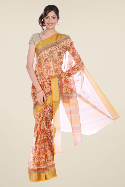 Jashn Beige & Mustard Floral Print Kota Saree Jashn Beige & Mustard Floral Print Kota Saree