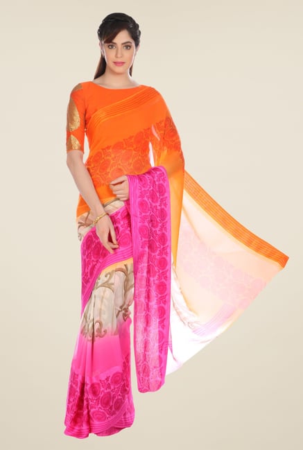Jashn Pink & Orange Floral Print Georgette Saree Jashn Pink & Orange Floral Print Georgette Saree