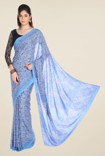 Jashn Blue Floral Print Crepe Saree Jashn Blue Floral Print Crepe Saree