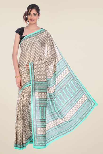 Jashn Beige & Turquoise Printed Crepe Saree Jashn Beige & Turquoise Printed Crepe Saree