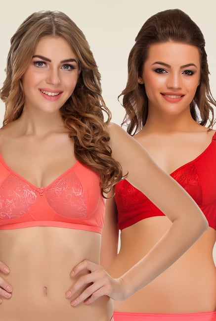 Clovia Peach & Red Non Padded Bra (Pack Of 2) Clovia Peach & Red Non Padded Bra (Pack Of 2)