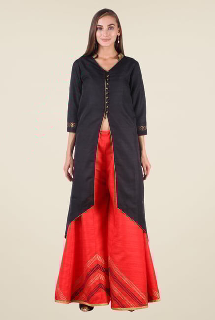 Studio Rasa Black & Red Bhagalpuri Silk Suit Set Studio Rasa Black & Red Bhagalpuri Silk Suit Set