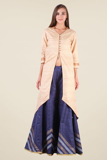 Studio Rasa Beige & Blue Bhagalpuri Silk Suit Set Studio Rasa Beige & Blue Bhagalpuri Silk Suit Set