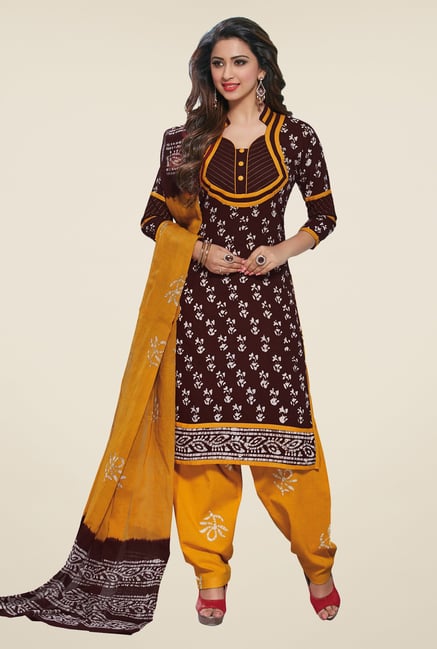 Salwar Studio Brown & Mustard Batic Print Dress Material Salwar Studio Brown & Mustard Batic Print Dress Material