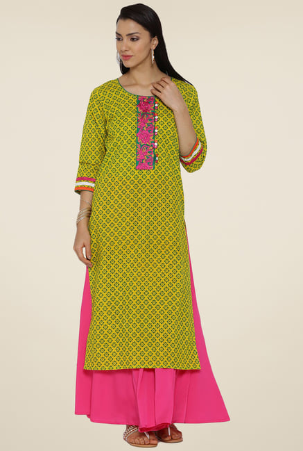 Aujjessa Yellow & Green Printed Kurta Aujjessa Yellow & Green Printed Kurta