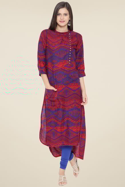 Aujjessa Red & Blue Printed Print Kurta Aujjessa Red & Blue Printed Print Kurta