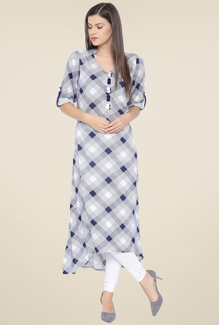 Aujjessa Navy & White Geometric Kurta Aujjessa Navy & White Geometric Kurta