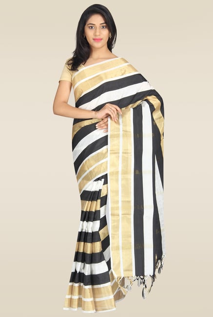 Pavecha Black Striped Banarasi Saree with Blouse Pavecha Black Striped Banarasi Saree with Blouse