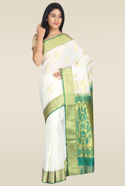 Pavecha White Kanjivaram Silk Gold Zari Saree Pavecha White Kanjivaram Silk Gold Zari Saree