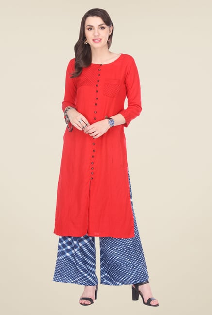 Varanga Red & Blue Embroidered Kurta With Palazzo Varanga Red & Blue Embroidered Kurta With Palazzo