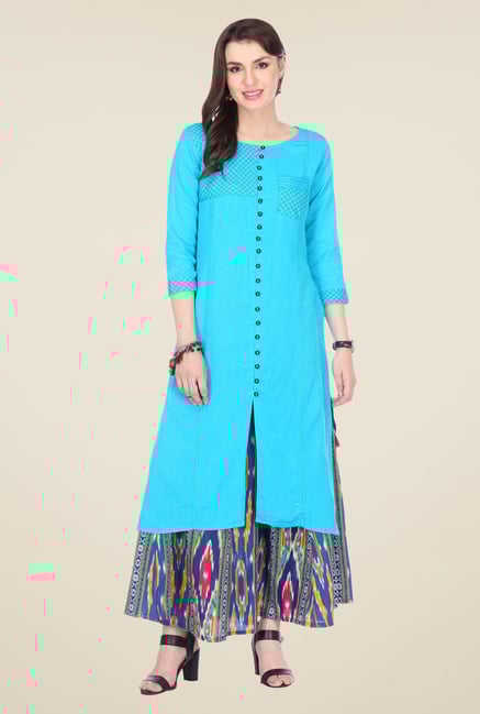 Varanga Sky Blue & Navy Embroidered Kurta With Palazzo Varanga Sky Blue & Navy Embroidered Kurta With Palazzo