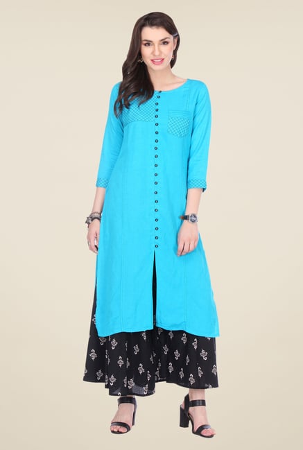 Varanga Sky Blue & Black Embroidered Kurta With Palazzo Varanga Sky Blue & Black Embroidered Kurta With Palazzo