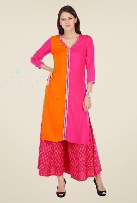 Varanga Pink & Pink Solid Kurta With Palazzo Varanga Pink & Pink Solid Kurta With Palazzo